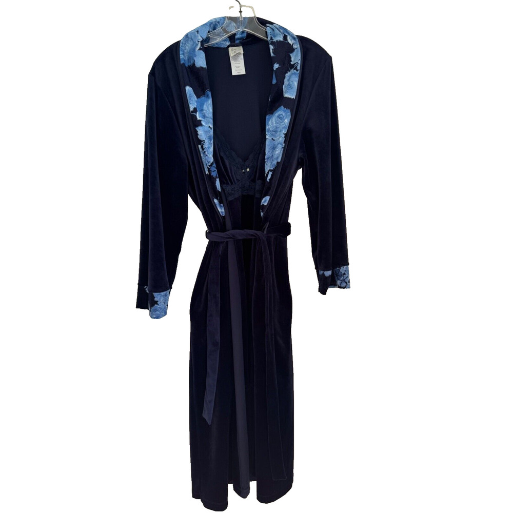 VTG California Miss Nightgown & Robe Navy Floral Trim Velvet Peignoir Set